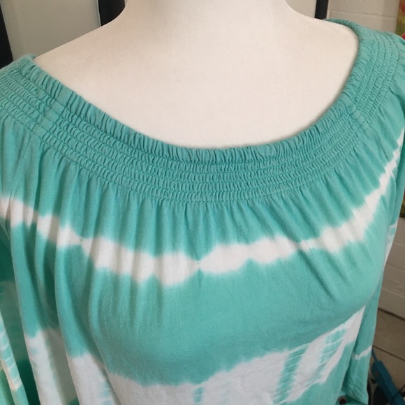 Turquoise Tye-dye elastic boat neck shirt with tie long  sleeves - Picture 9 of 11